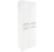 Armoire haute de salle de bain blanche avec quatre portes et poignées en métal argenté.