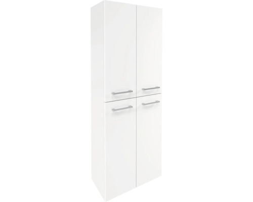 Armoire haute de salle de bain blanche avec quatre portes et poignées en métal argenté.