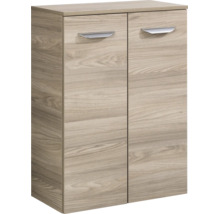 Armoire multi-usage à deux portes aspect bois avec deux poignées argentées.