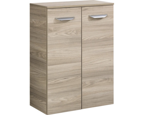 Armoire multi-usage à deux portes aspect bois avec deux poignées argentées.