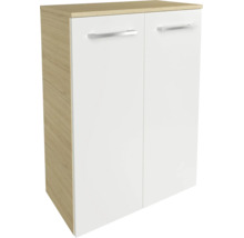 Armoire à deux portes, corps en aspect bois et façades blanches avec poignées argentées.