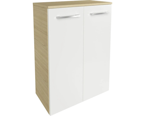Armoire à deux portes, corps en aspect bois et façades blanches avec poignées argentées.