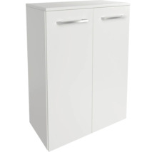 Armoire multi-usage blanche à deux portes avec poignées argentées.
