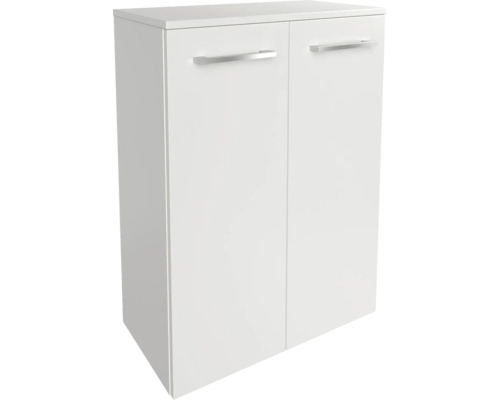 Armoire multi-usage blanche à deux portes avec poignées argentées.