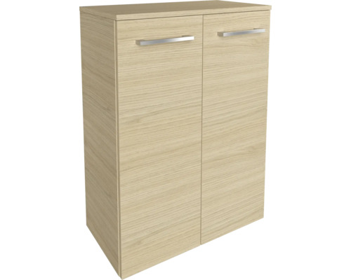 Armoire polyvalente à deux portes aspect chêne avec deux poignées barres argentées.