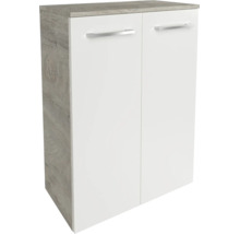 Armoire à deux portes avec corps aspect bois gris, façades blanches et poignées argentées.