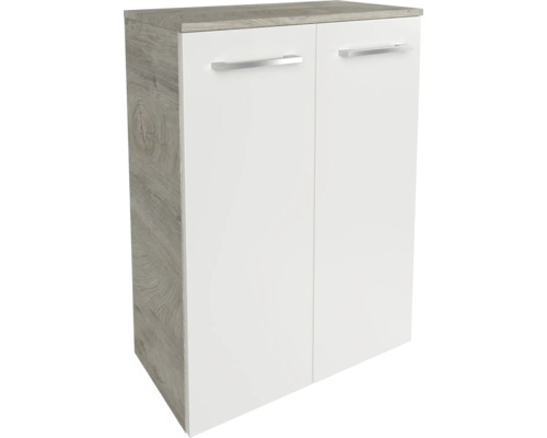Armoire à deux portes avec corps aspect bois gris, façades blanches et poignées argentées.