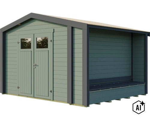 Abri de jardin en bois avec porte double et auvent intégré comme remise moderne pour le jardin. (Image AI modified or generated)