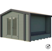 Abri de jardin moderne en bois avec double porte, extension intégrée et banc. (Image AI modified or generated)