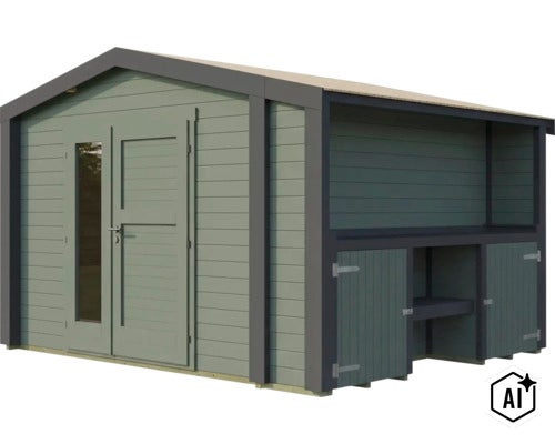 Abri de jardin en bois avec toit à deux pans, porte double vitrée et zone de rangement latérale avec petites portes battantes. (Image AI modified or generated)