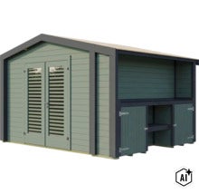 Abri de jardin en bois avec porte double et armoire latérale intégrée pour un espace de rangement supplémentaire. (Image AI modified or generated)