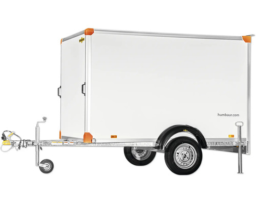 Einachsiger Kofferanhänger von Humbaur mit verzinktem Fahrgestell und Stützrad.