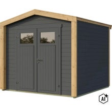 Abri de jardin en bois avec porte double et fenêtres, design moderne pour extérieur (Image AI modified or generated)
