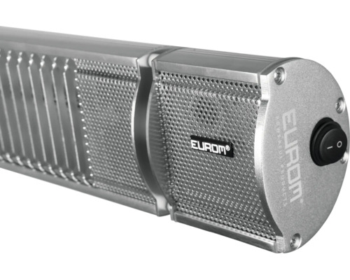 Eurom Terrassenstrahler aus Metall mit Schutzgitter und Ein-Aus-Schalter.