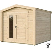 Abri de jardin en bois avec toit à deux pans et double porte avec insert en verre (Image AI modified or generated)