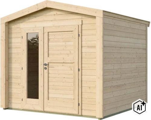 Abri de jardin en bois avec toit à deux pans et double porte avec insert en verre (Image AI modified or generated)