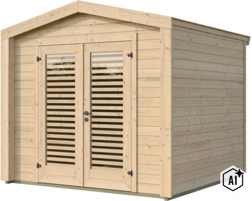 Abri de jardin en bois avec toit à deux pans et double porte avec fenêtres à lamelles pour l'extérieur. (Image AI modified or generated)