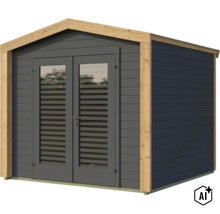 Abri de jardin moderne en bois avec double porte et inserts en verre, bardage horizontal et accents en bois naturel sur les bords. (Image AI modified or generated)