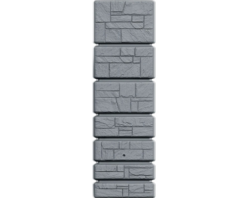 Récupérateur d'eau de pluie vertical avec aspect pierre grise et structure rectangulaire.