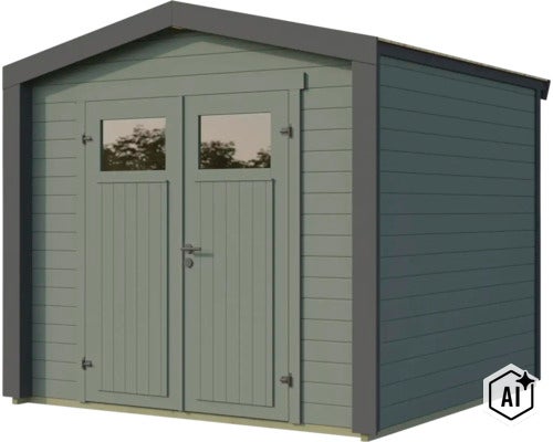 Abri de jardin en bois avec toit en bâtière et porte double avec fenêtres pour le rangement des outils de jardin (Image AI modified or generated)