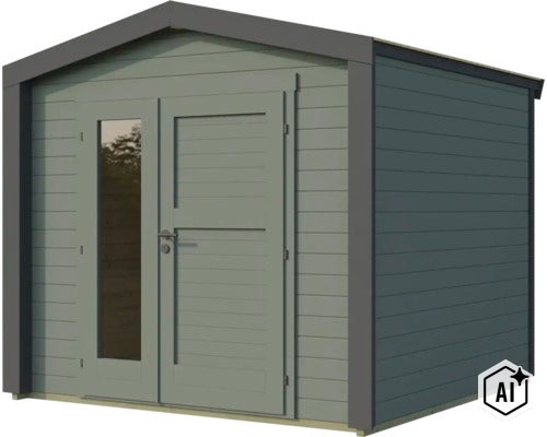 Abri de jardin en bois avec toit à deux pans et double porte vitrée (Image AI modified or generated)