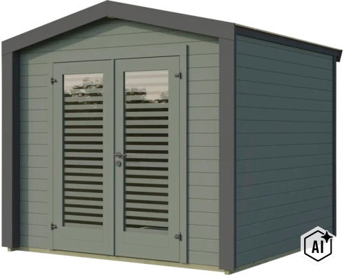 Abri de jardin en bois avec toit à deux pans et double porte à lames pour extérieur (Image AI modified or generated)