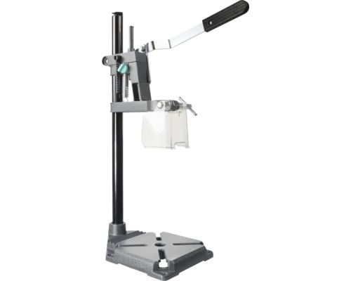 Support de perçage en métal avec plaque de base stable, levier et écran de protection transparent.