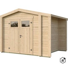 Abri de jardin en bois avec double porte et auvent (Image AI modified or generated)