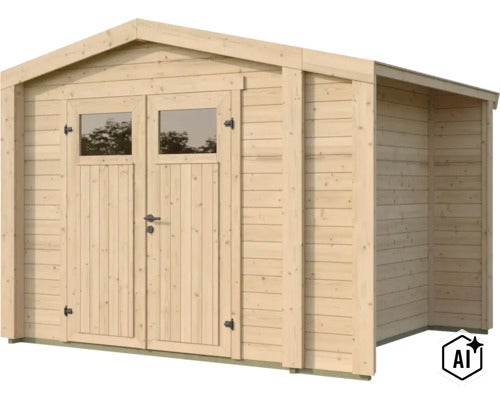 Abri de jardin en bois avec double porte et auvent (Image AI modified or generated)
