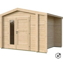 Abri de jardin en bois avec toit à deux pans et appentis latéral ainsi qu une porte double avec insert en verre. (Image AI modified or generated)