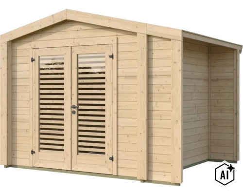 Abri de jardin en bois avec double porte et auvent latéral intégré (Image AI modified or generated)