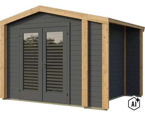 Abri de jardin en bois avec porte double et annexe latérale avec revêtement de façade moderne. (Image AI modified or generated)