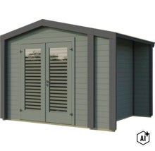 Abri de jardin en bois avec porte double et grandes vitres, design moderne avec toit en pente, idéal comme abri à outils ou pavillon de jardin. (Image AI modified or generated)