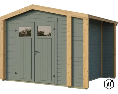 Abri de jardin en bois avec porte double, deux fenêtres et extension latérale pour un espace de rangement supplémentaire. (Image AI modified or generated)