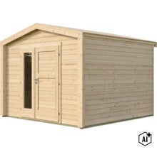 Abri de jardin en bois avec toit à deux pans et double porte avec insert en verre (Image AI modified or generated)
