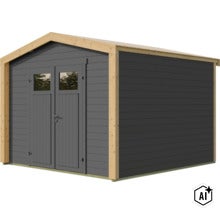 Abri de jardin moderne en bois avec double porte, fenêtres et toit à double pente, idéal pour le stockage extérieur. (Image AI modified or generated)