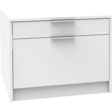 Table de chevet blanche moderne avec deux tiroirs et poignées métalliques minimalistes.