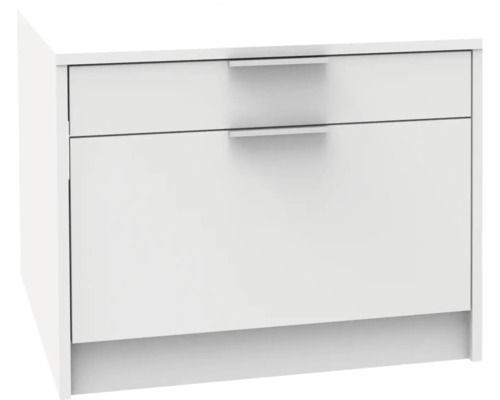 Table de chevet blanche moderne avec deux tiroirs et poignées métalliques minimalistes.