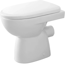 Bodenstehende Toilette aus weisser Keramik mit Toilettensitz und waagerechtem Abgang.