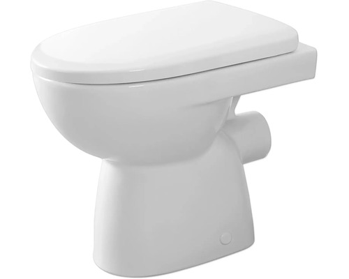 Bodenstehende Toilette aus weisser Keramik mit Toilettensitz und waagerechtem Abgang.