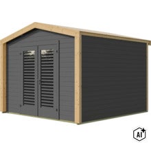 Abri de jardin moderne en bois avec toit à deux pans et double porte à lames (Image AI modified or generated)