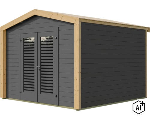 Abri de jardin moderne en bois avec toit à deux pans et double porte à lames (Image AI modified or generated)