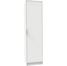Armoire haute et étroite blanche avec une porte et une poignée de porte discrète.