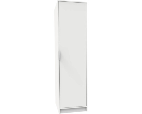 Armoire haute et étroite blanche avec une porte et une poignée de porte discrète.