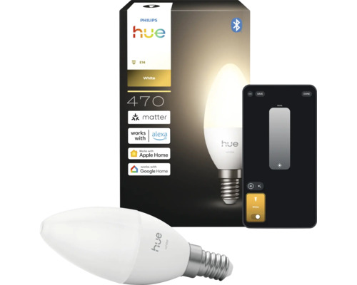 Ampoule LED flamme Philips Hue White E14, 470 lumens, contrôle intelligent via Matter et Bluetooth, compatible avec Alexa, Apple Home et Google Home.