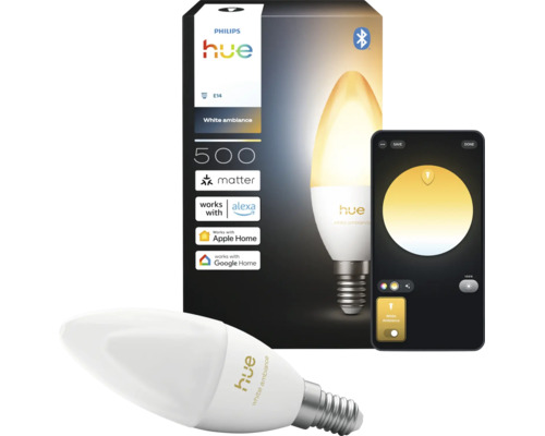 Ampoule LED flamme Philips Hue White Ambiance E14, 500 lumens, Bluetooth, Matter, contrôlable par application.
