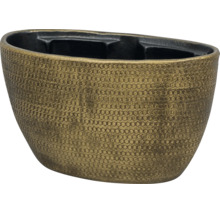 Cache-pot ovale avec surface texturée en aspect doré et intérieur noir.