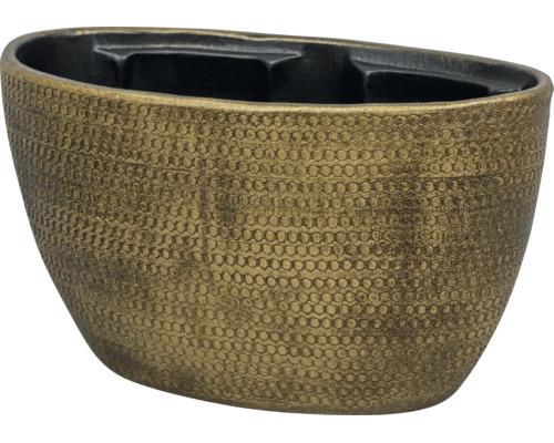 Cache-pot ovale avec surface texturée en aspect doré et intérieur noir.