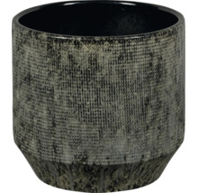 Pot de fleurs cylindrique foncé en céramique avec surface structurée et base effilée.