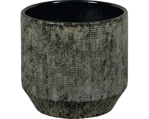 Pot de fleurs cylindrique foncé en céramique avec surface structurée et base effilée.